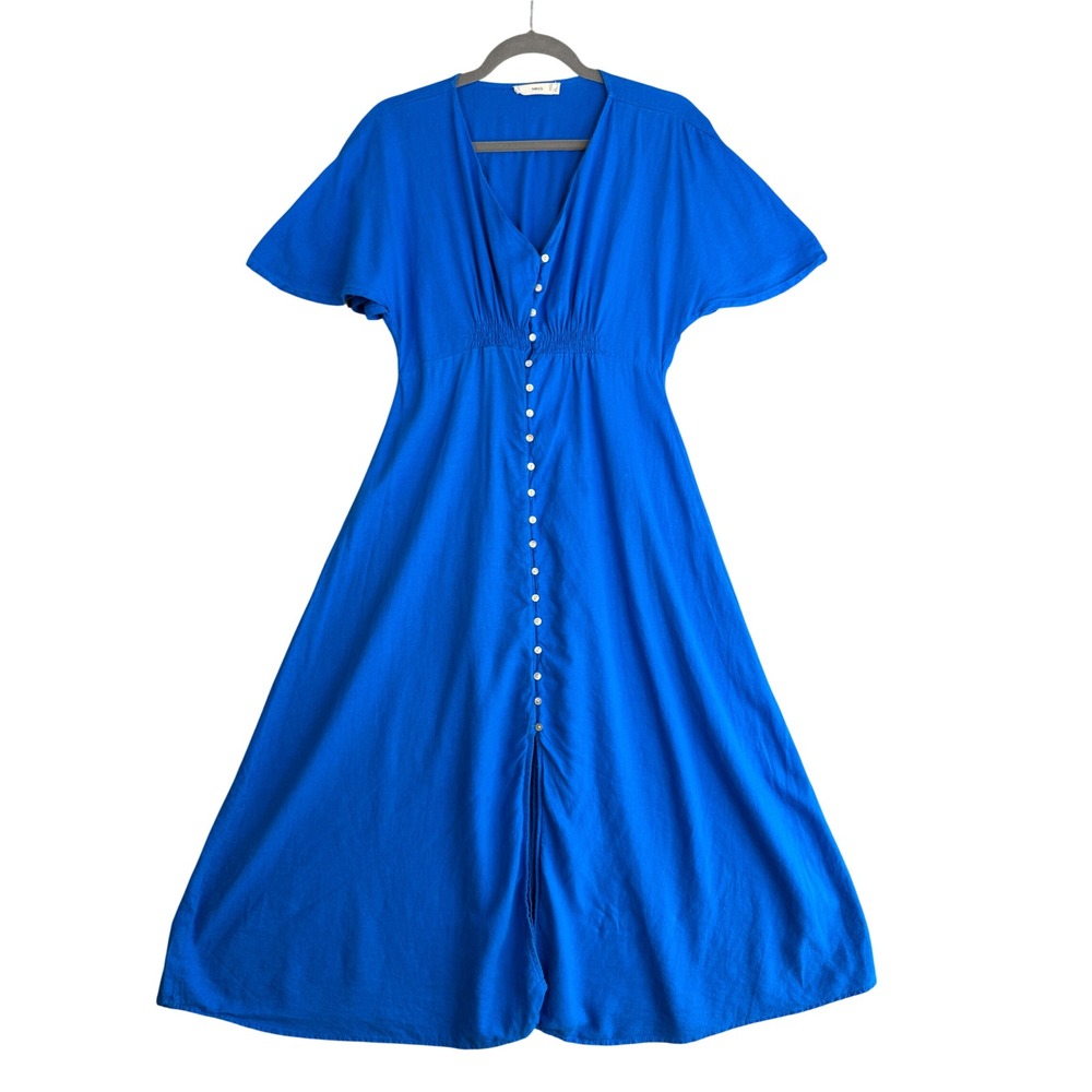 MNG Mango Linen Midi Dress Womens 6 Blue Button Up Smocked Coastal Nautical Maxi
